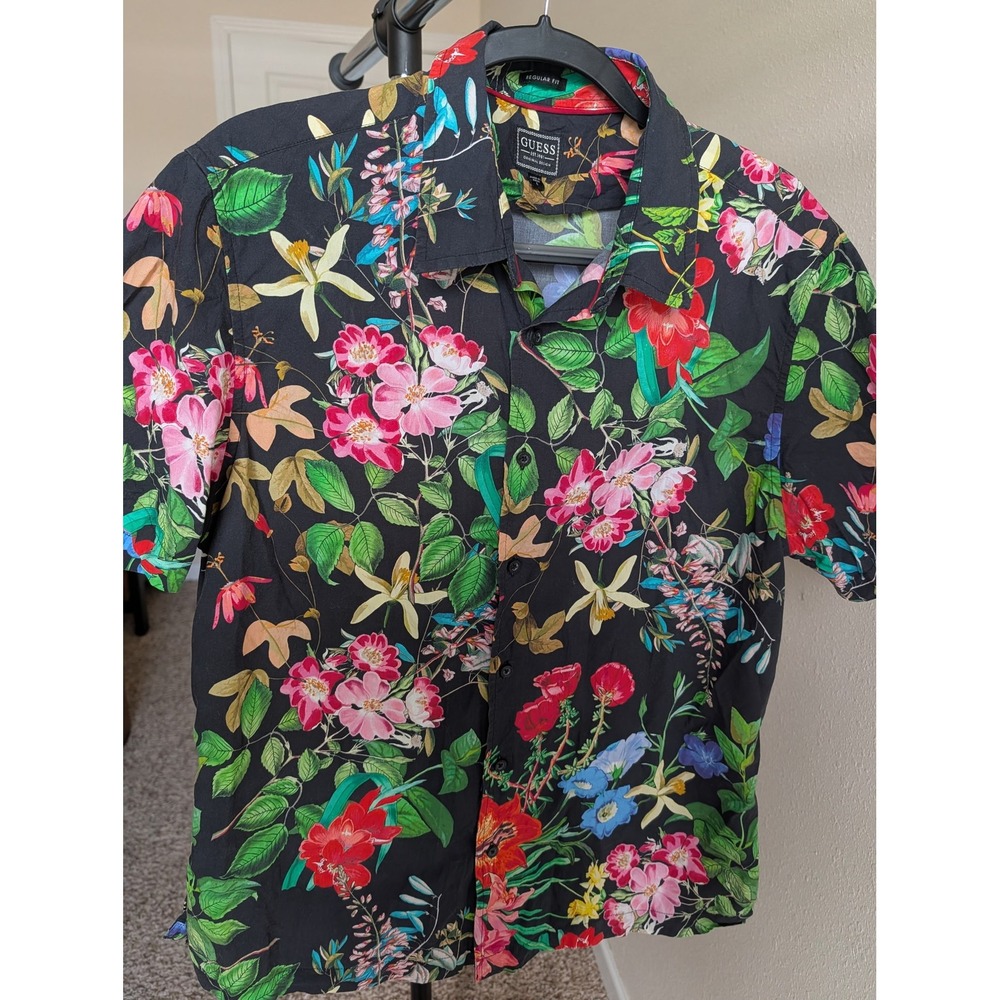 Guess Mens Floral Button Down Shirt Black Short Sleeve Regular Fit Large